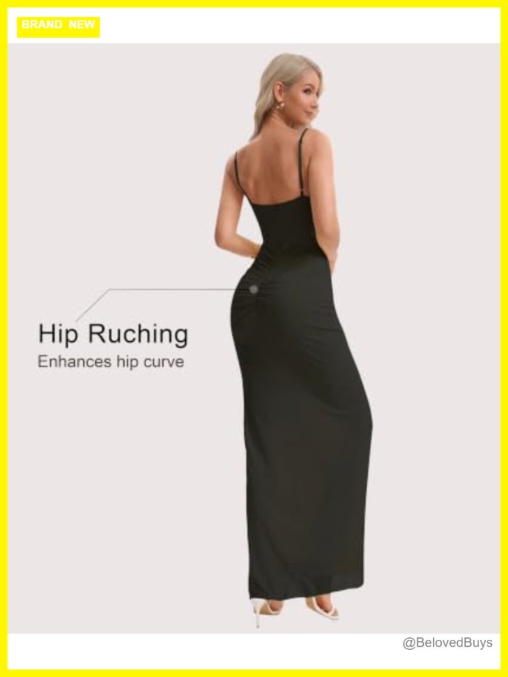 Spaghetti Strap Maxi Dress Ruched Bodycon Front Slit Ruffle Formal - Picture 3 of 6
